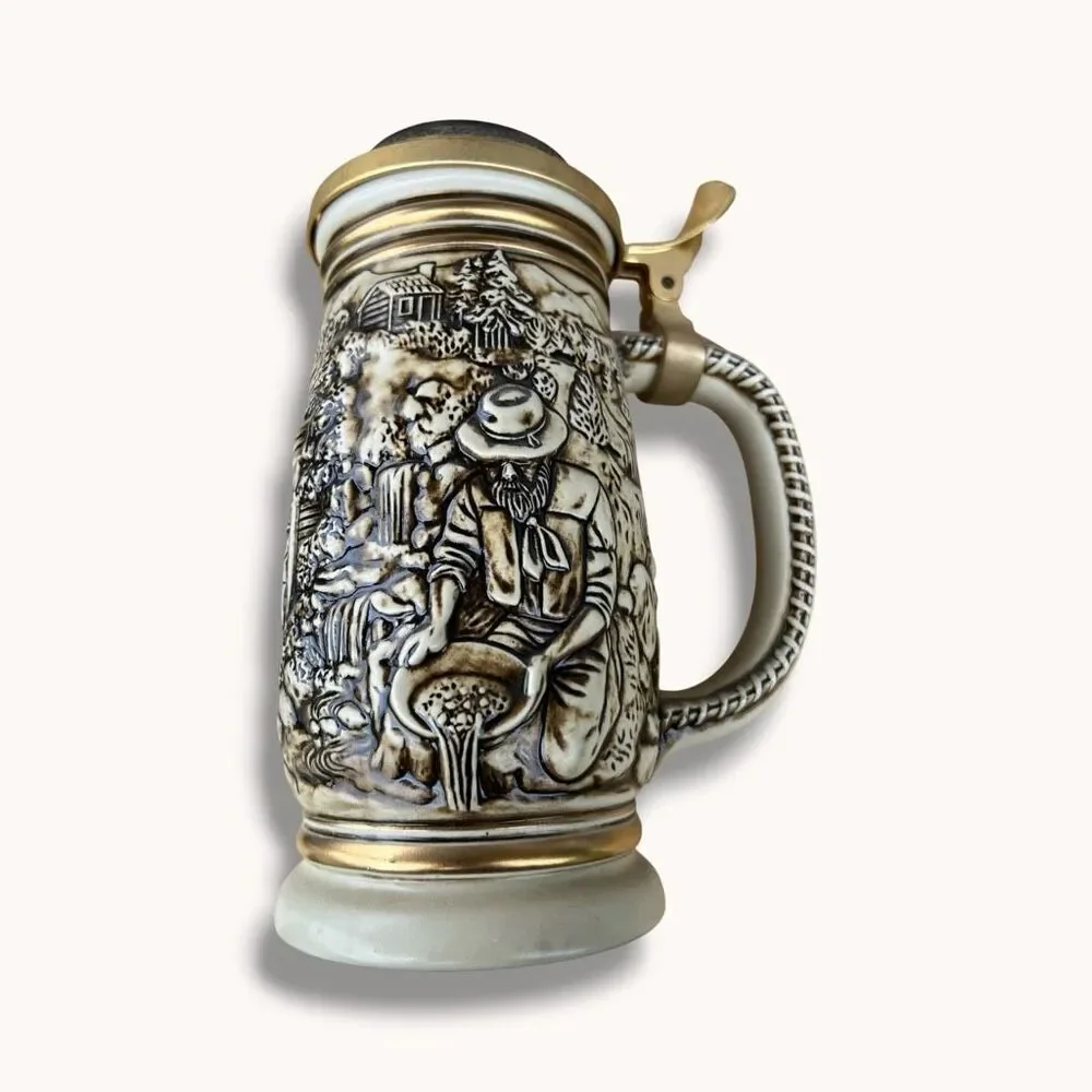 Avon 1987 The Gold Rush Stein Lidded Ceramic Brazil Numbered 10301